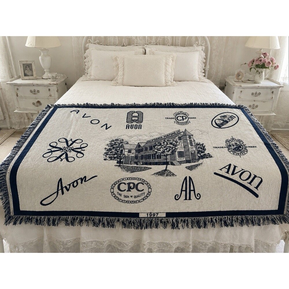 Vintage 1997 Avon California Perfume Woven Throw Blanket Fringe 67x46 Cotton
